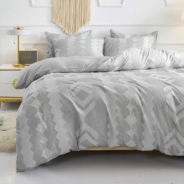 HoneiLife Duvet Cover King Size - 3 Pieces Embroidery Comforter Cover Cationic Dyeing Duvet Cover Set,Wrinkle Free Bedding Set with Geometric Patches for All Seasons-Grey(Duvet Cover Only,NO Insert)