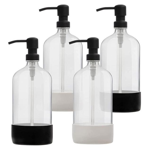 32 oz Glass Pump Bottle Rustproof Stainless Steel Pump, Funnel, and Lids. Modern Farmhouse Vintage Jar, Large Glass Shampoo Bottles with Pump and Laundry Soap Dispenser - Black