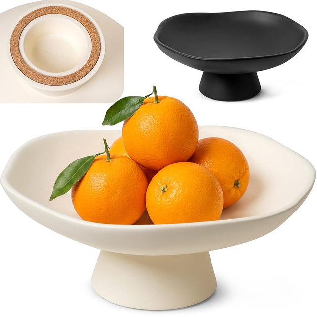 EDELHAUS Modern Concrete Fruit Bowl for Kitchen Counter – Cream White Decorative Pedestal Bowl, 11.2” Wide Minimalist Fruit Tray for Home Décor, Table Decor, Entryway Key Bowl