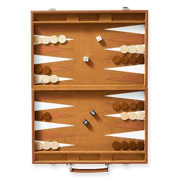 Monogrammed Leather Backgammon Set, Camel