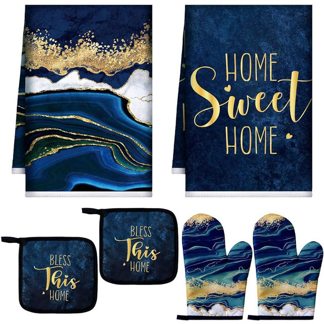 Bencailor 6 Pcs Marble Kitchen Decor Pot Holders Oven Mitts 2 Dish Towels 2 Farmhouse Cooking Mittens Oven Glove and Potholder for Baking Cooking Grilling Supply Accessories(Blue)