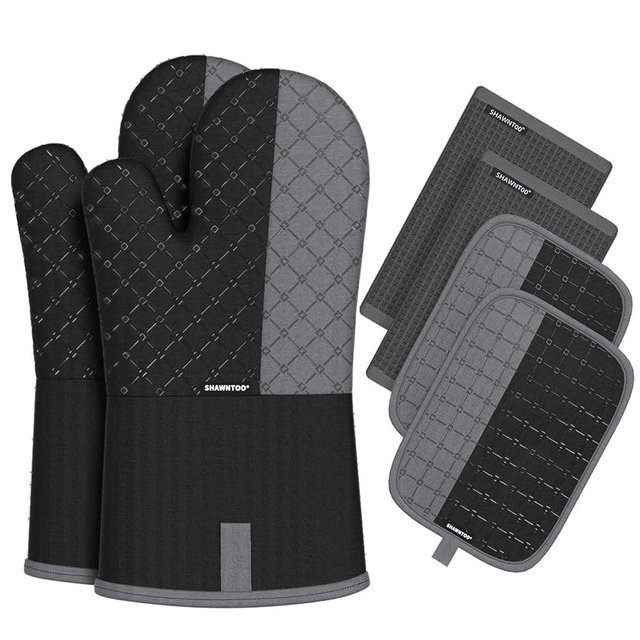 Oven Mitts and Pot Holders Sets 6pcs, Kitchen Oven Glove,High Heat Resistant 550 Degree Extra Long Oven Mitts and Potholders with Non-Slip Silicone Surface for Home Essentials (Grey) (Matte Black)