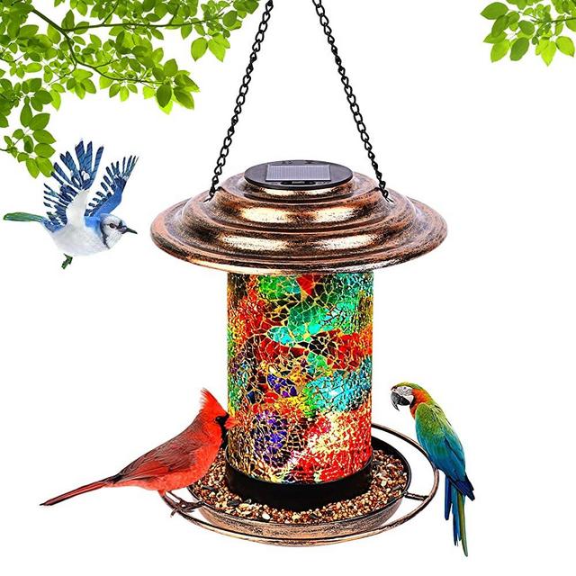 Bird Feeders for Outdoors Hanging, Wild Bird Feeder for Cardinals Solar Garden Lantern Light Birdfeeder Waterproof Unique Retro Mosaic Copper Outside Bird Feeder with S Hook