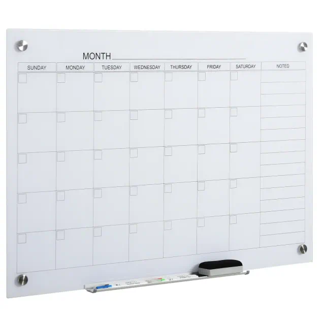 Vinsetto 35"x23" Dry Erase Wall Calendar Glass Whiteboard Monthly Planner for Homeschool Supplies & Home Office Organization w/ 4 Markers and Eraser