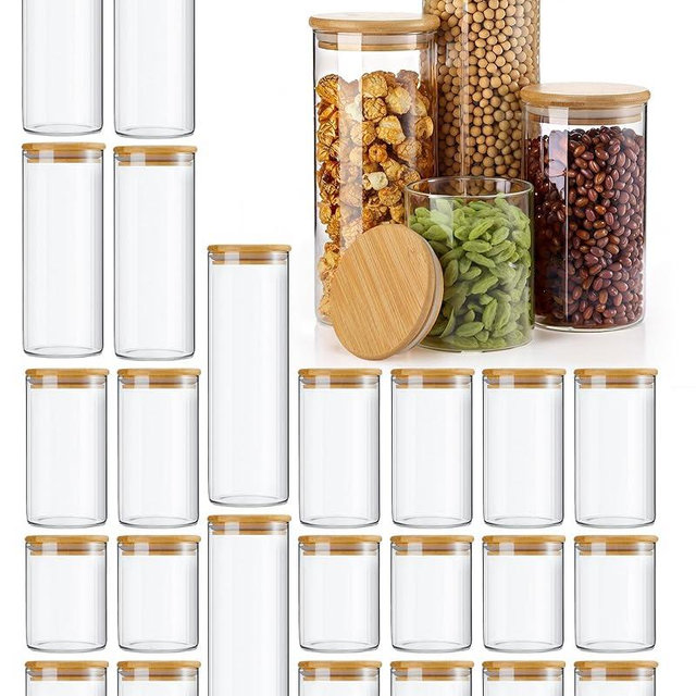 Qinyoung 12 Pcs Glass Storage Jars with Bamboo Wooden Lids, 4 Sizes Food Storage Containers Clear Stackable Canisters Airtight Glass Jars for Candy, Cookie, Rice, Sugar, Flour, Pasta, Nuts