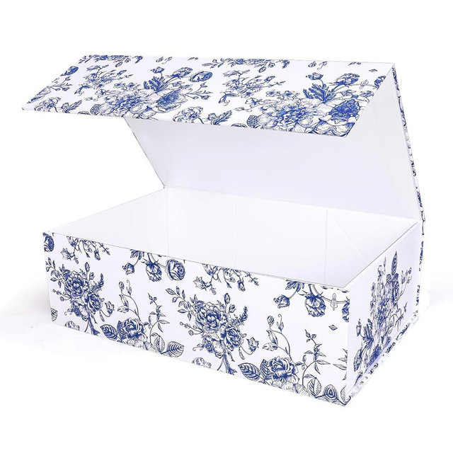 Whaline 3Pcs Blue Flora Gift Box with Magnetic Closure Flower Print Present Packaging Box for Wedding Bridal Shower Birthday Party Favor Gift Wrapping Supplies