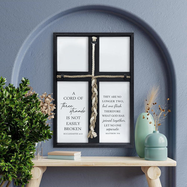 RLWangChao A Cord of Three Strands Wedding Ceremony Sign Wall Decor 15X10 Inch Unity Cross Art For Wedding Religious Ecclesiastes 4:12 Couple Anniversary Braid Christian Marriage Gifts (Black)