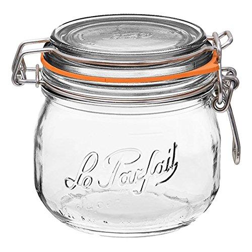 Le Parfait Super Jar - 500ml French Glass Canning Jar w/Round Body, Airtight Rubber Seal & Glass Lid, 16oz/Pint (Pack of 4) Stainless Wire
