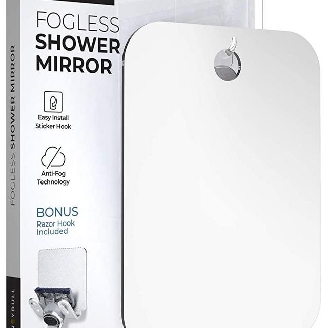 HONEYBULL Shower Mirror (Large 8x10 inches) Flat Fogless Mirror with Razor Hook, Anti Fog Technology, Waterproof & Shatterproof, Bathroom Accessories for Men & Women