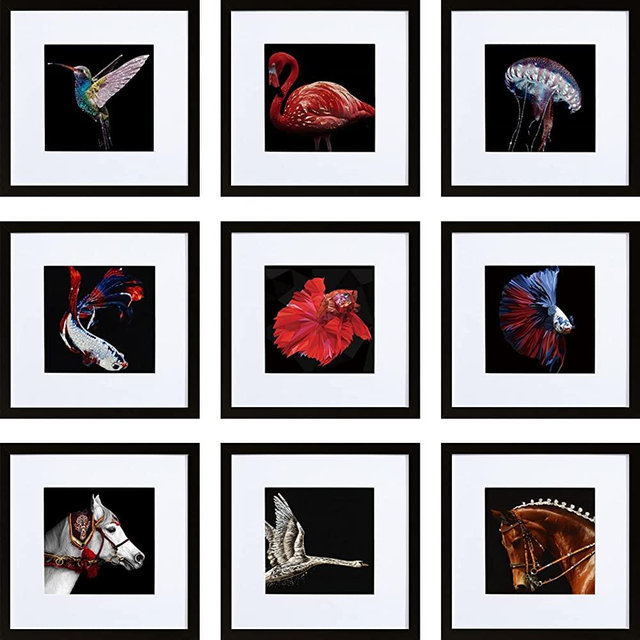 HEART ART 10x10 Picture Frame Set of 9,Display Pictures 6x6 with Mat or 10 x 10 without Mat,Multi Collage Gallery Square Photo Frames for Wall,Black