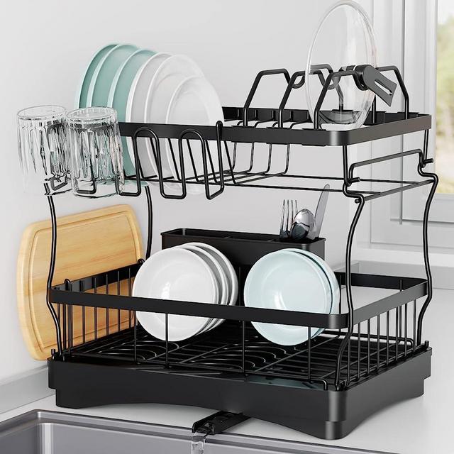 Aonee Dish Drying Rack, 2 Tier Dish Rack with Water Locking Function Drainboard, Pot Rack, Cutlery Holder, Cutting-Board Holder and Cup Holder, Large Dish Racks for Kitchen