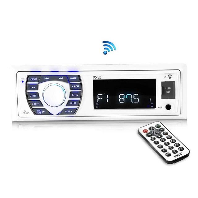 Pyle Bluetooth Marine Receiver Stereo - 12v Single DIN Style Boat In dash Radio Receiver System with Digital LCD, RCA, MP3, USB, SD, AM FM Radio - Remote Control, Wiring Harness - PLRMR23BTW (White)