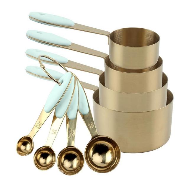 Cook with Color 8 Piece Gold Measuring Cups and Measuring Spoon Set Stainless Steel with Soft Touch Silicone Handles, Nesting Liquid or Dry Measuring Cups Set