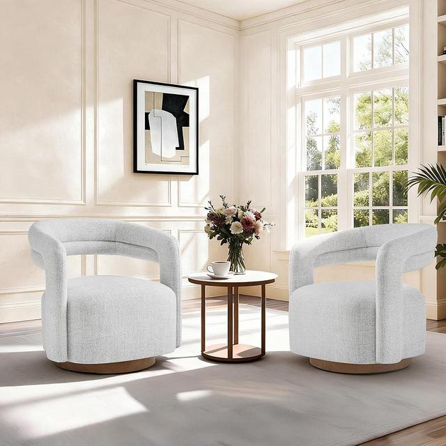 Swivel Accent Chair Set of 2, Upholstered Barrel Chair with Open Back Design, Modern Arm Chair with Wooden Base for Living Room Bedroom Reading Waitingroom,White
