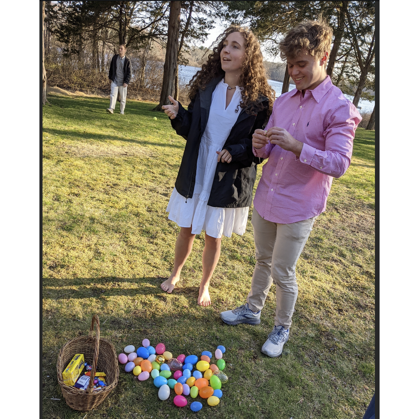 looking at our spoils after winning the annual Merryman Easter egg hunt as a couple