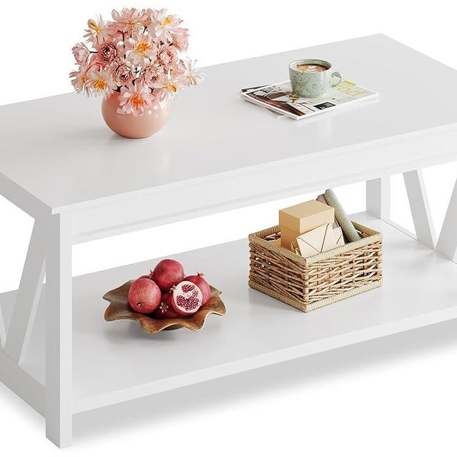 WLIVE Coffee Table with Storage Shelf, 39.4" Farmhouse Coffee Table with V-Frame Support, 2-Tier Wood Rustic Center Table for Living Room, Bedroom & Balcony, All White