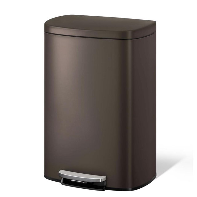 Garvee 13 gal / 50 L Metal Kitchen Trash Can with Lid, Large Rustproof Garbage Can for Kitchen, Step-on Trash Bin with Inner Bucket, Rear Handle, Soft Close Lid, Brown
