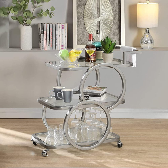 FERFALDER Home Bar Serving Carts 3 Tier Kitchen Carts on Wheels Mobile Bar Carts for Home Kitchen Dining Room Living Room Party, Silver Grey
