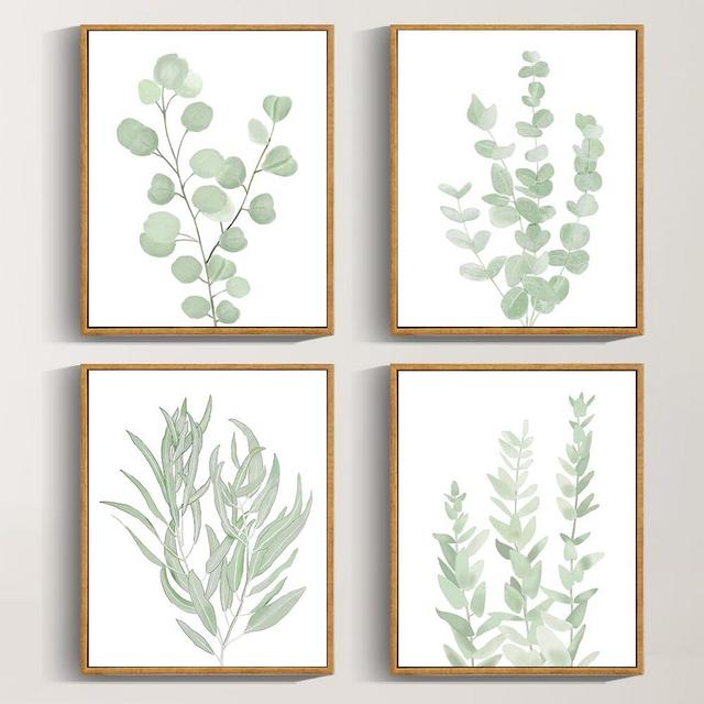 Drsoum Framed Botanical Plant Canvas Wood Wall Art Light Green Sage Wall Decor Eucalyptus Leaf Picture for Bedroom Living Room Bathroom Office 8”x 10” x 4pcs