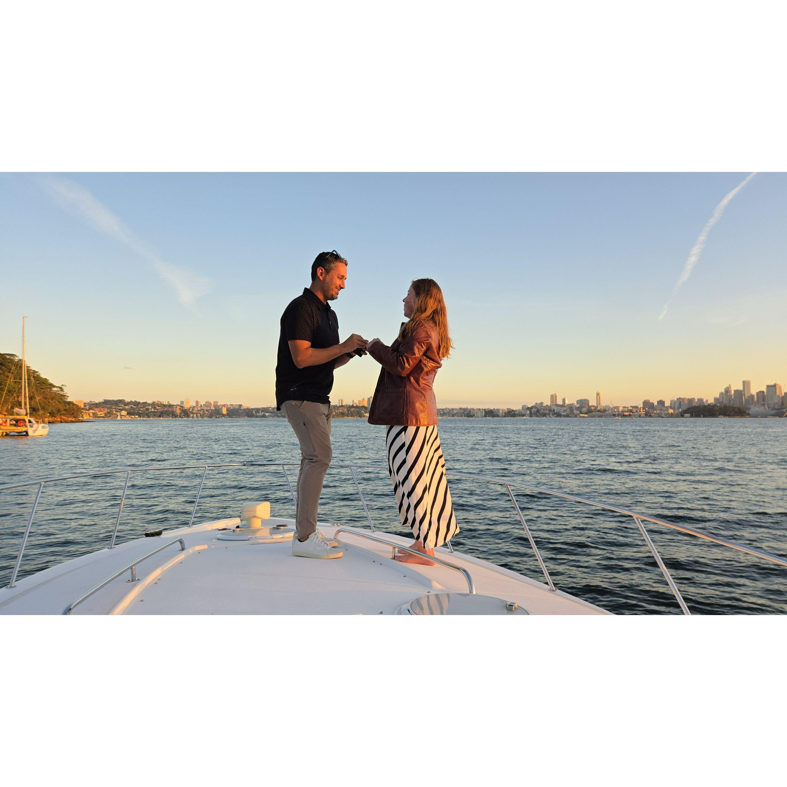 Sunset, a boat, charcuterie, champagne, the Sydney Opera House, the Harbor Bridge, and a proposal: does it get any better than that?