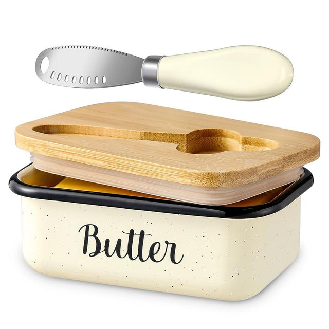 Butter Dish with Lid and Butter Curler Knife for Countertop - Unbreakable Metal Keeper Container with High-quality Double Silicone Sealing, for Kitchen Farmhouse Decor,Speckled White