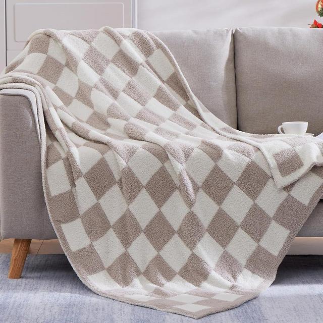 WRENSONGE Checkered Throw Blanket, Taupe Microfiber Soft Cozy Fluffy Warm Hand Made Throw Blankets for Couch, Sofa, Chair, Bed, Camping, Picnic, Travel Lightweight Bed Blanket - 50"*70"