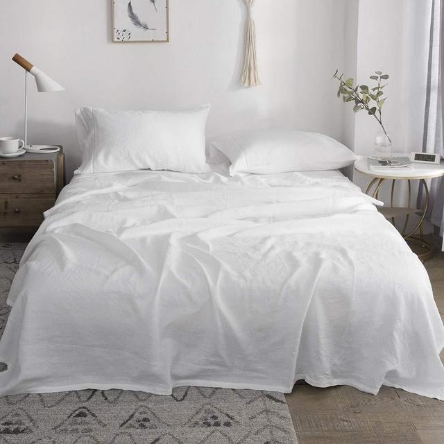 Simple&Opulence Pure Linen Sheet Set King-4 Piece Belgian Flax Linen Bed Sheet (1 Flat Sheet, 1 Fitted Sheet,2 Pillowcases) -Breathable Farmhouse Bedding Set-White