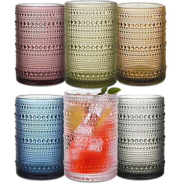 JPPSUJJ Colored Hobnail Drinking Glasses Set of 6,15 oz Vintage Highball Glasses,Drinkware Kitchen Glasses for Cocktail,Iced Coffee,Beer,Ice Tea,Wine,Whiskey,Water