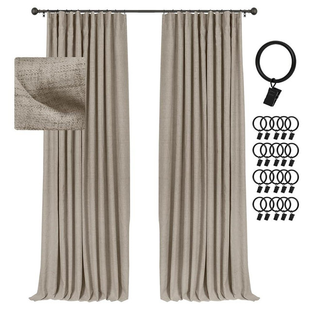 INOVADAY 100% Blackout Curtains for Bedroom, Black Out Curtains 96 Inch Long, Clip Rings Linen Blackout Drapes, Thermal Insulated Room Darkening for Living Room, 2 Panels - Fauxlinen,W50xL96