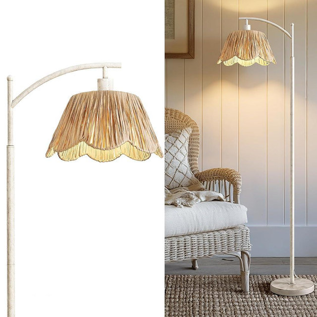 Oneach Farmhouse Floor Lamps for Living Room, Boho Floor Lamp for Bedroom with Foot Switch, Rattan Floor Lamp for Reading with Hand-Woven Shade, Antique White Metal Base & Pole