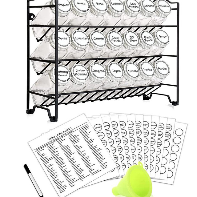 Spice Rack Organizer with 21 Empty Glass Spice Jars, 386 White Spice Labels with Chalk Marker and Funnel Complete Set, 3 Tier Seasoning Rack for Countertop, Cabinet or Wall Mount