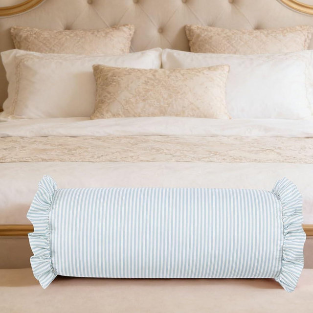 Green Striped Ruffle Bolster Pillow, Decorative Cylinder Pillow with Ruffled Edges, Soft Cylindrical Neck Roll Support Pillow for Bed Sofa Sleeping and Relaxing (Light Blue)