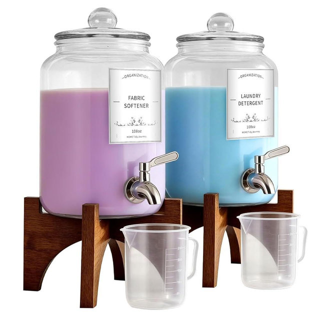 Glass Laundry Detergent Dispenser, 108oz (2 Pack) with Stainless Steel Faucet & Solid Wood Stand - Liquid Soap & Fabric Softener Container for Laundry Room Organization & Storage
