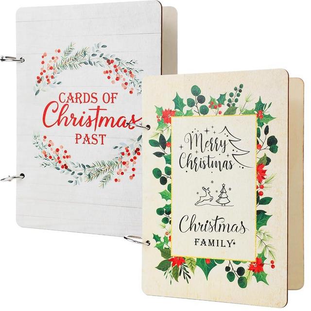 Christmas Card Keeper Wood Christmas Photo Album Christmas Card Holder Greeting Card Keepsake Album with Metal Rings Binding for Holiday Birthday Greeting Card Collection