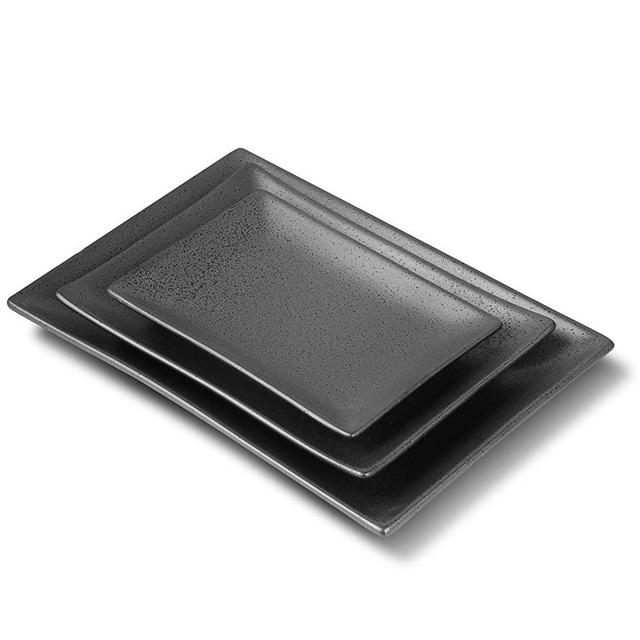 VICRAYS Rectangle Serving Platters, 12"/10"/8" Porcelain Serving Platters for Party, BBQ, Serving Trays Serving Plates for Appetizers, Sushi, Restaurant, Dessert Shop, Set of 3 (Dark Grey)
