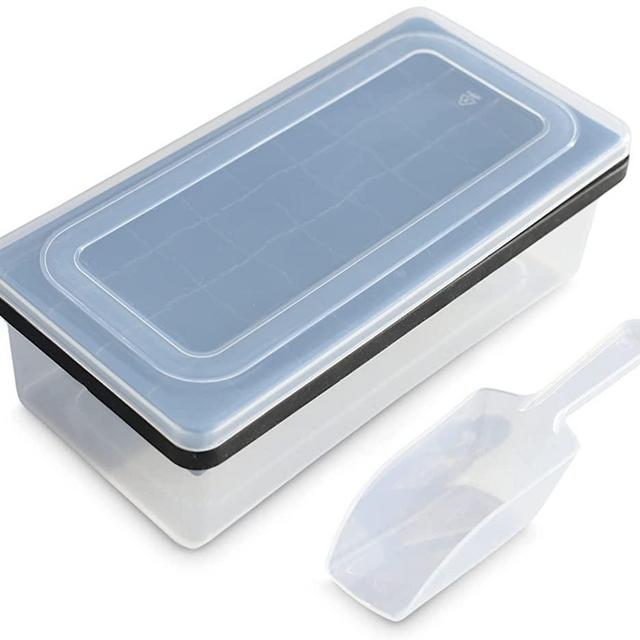 Ice Cube Tray With Lid and Bin- Silicone Ice Tray For Freezer | Comes with Ice Container, Scoop and Cover | Good Size Ice Bucket (Black)