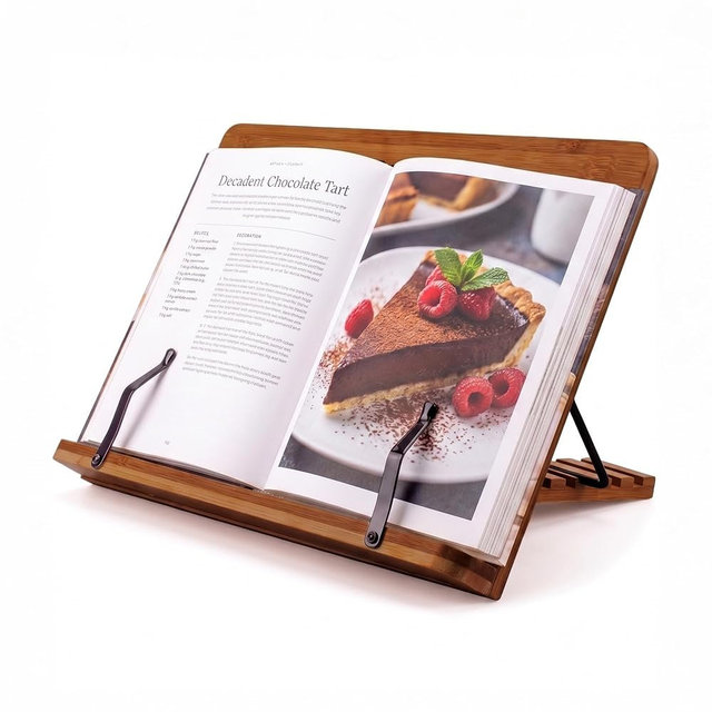Bamboo Cookbook Stand Small, Adjustable Book Holder Tray and Page Paper Clips - 4-Position Recipe Book Stand Holds Thick Books for Kitchen Counter, Reading, Studying, Foldable - Medium - Walnut Color