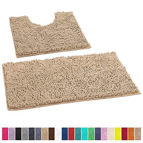 LuxUrux Bathroom Rugs Luxury Chenille 2-Piece Bath Mat Set, Soft Plush Anti-Slip Bath Rug +Toilet Mat.1'' Microfiber Shaggy Carpet, Super Absorbent Machine Washable Bath Mats (Curved Set, Beige)