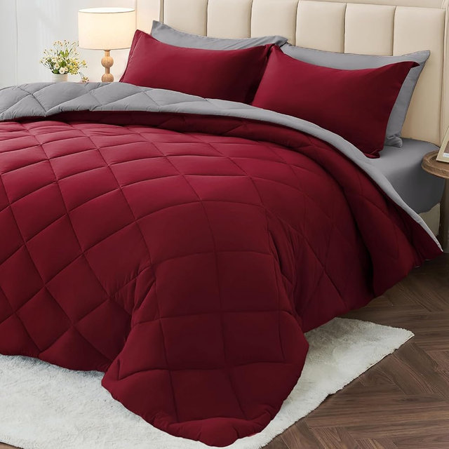 MUXHOMO 7 Pieces Queen Comforter Set, Reversible Bed in a Bag Queen Size, All Season Bedding Set with Comforter, Flat Sheet, Fitted Sheet, Pillowcases & Shams, Burgundy & Grey