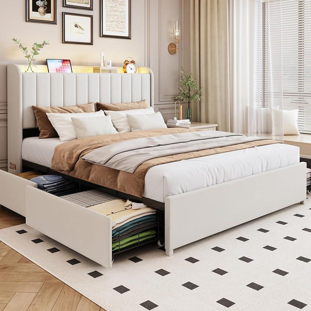 Full Bed Frame with 4 Drawers and Storage Headboard, Upholstered Platform Bed Frame Full Size with Led Lights and Handy Charging Station, No Box Spring Needed, Easy Assembly, Noise Free, Beige