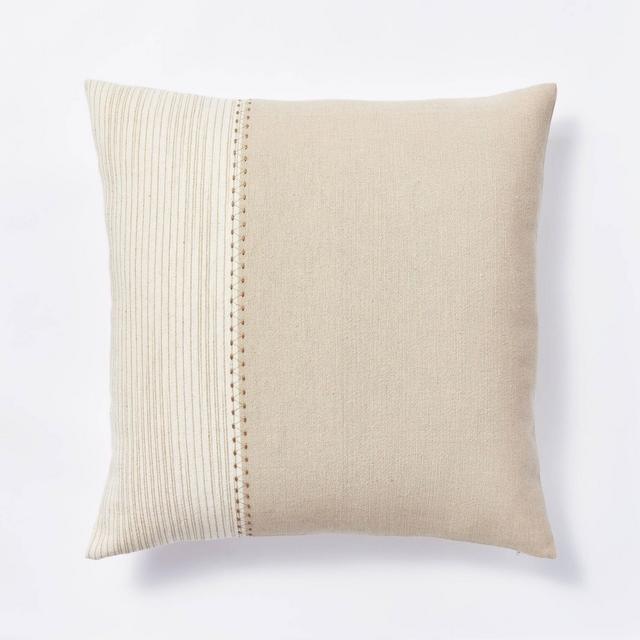 Striped with Embroidery Square Throw Pillow Neutral - Threshold™ designed with Studio McGee