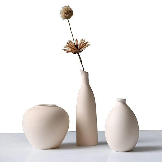 Abbittar Ceramic Vase Set of 3, Small Flower Vases for Rustic Home Decor, Modern Farmhouse Decor, Living Room Decor, Shelf Decor, Table Decor, Bookshelf, Mantel and Entryway Decor - Beige