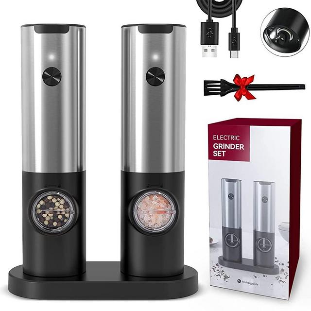 HOMCYTOP Electric Salt and Pepper Grinder Set W/ Rechargeable Base, Automatic Salt & Pepper Grinder, USB Cable, Pepper Mill Refillable, Adjustable Coarseness, One Hand Operation, LED Light
