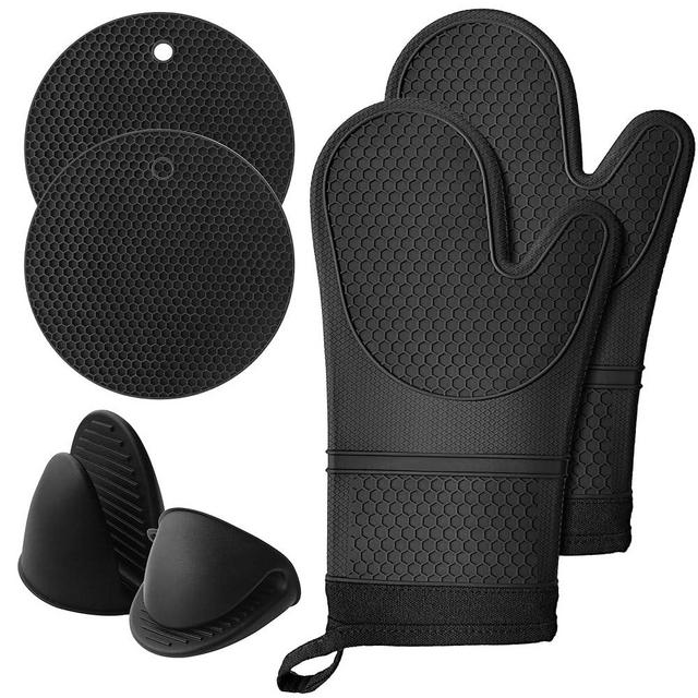 Lazebox Extra Long Silicone Oven Mitts with Soft Cotton Lining Non-Slip Textured Grip, Heat and Slip Resistant Oven Mitts with Pot Holders for Baking, Cooking, Black