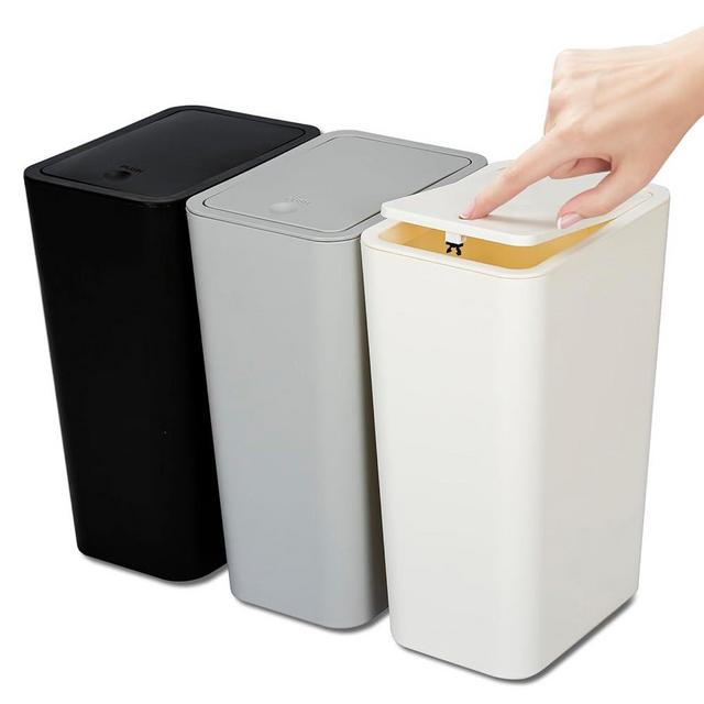 N. NETDOT 3 Pack 10L/2.6 Gal Bathroom Trash Can with Lid, Bathroom Trash Bin with Press Lid, Small Trash Can/Slim Garbage Cans/Waste Basket for Bathroom,Kitchen,Office,Bedroom - Black,Gray,Off White
