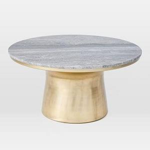 Marble Topped Pedestal Coffee Table (30.5" Diam.)- Gray Marble / Antique Brass Base