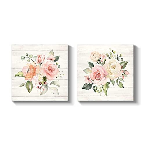 TAR TAR STUDIO Flowers Picture Wall Art Print: Floral Painting Blossom Artwork on Wrapped Canvas for Bedroom or Office (12'' x 12'' x 2 Panels)