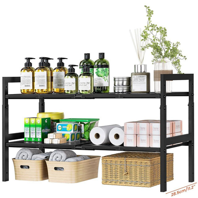 Under Sink Organizer and Storage 16.5"-30.7" Expandable Length, Adjustable Height Max16.73" Under Sink Shelf 2 Tier with Removable ABS Panels Metal Frame for Bathroom Kitchen Pantry Cabitnet Pot Pan