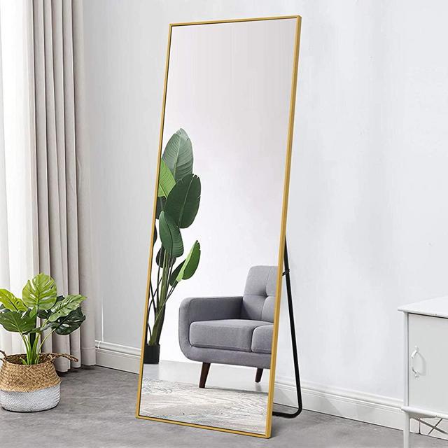 NeuType 59" x 20" Full Length Mirror, Aluminum Alloy Frame Floor Mirror with Stand, Large Bedroom Mirror, Free Standing or Wall Mounted or Leaning Against Wall, Gold