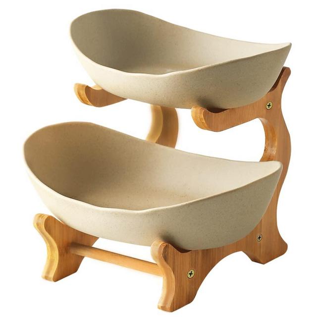 Mangoton 2 Tier Ceramic Fruit Bowl For Kitchen Counter, Bamboo Fruit Basket for kitchen, Large Capacity Vegetable Storage Stand for Fruit Snacks Bread Candy Storage Rack Holder, Pottery Large, khaki